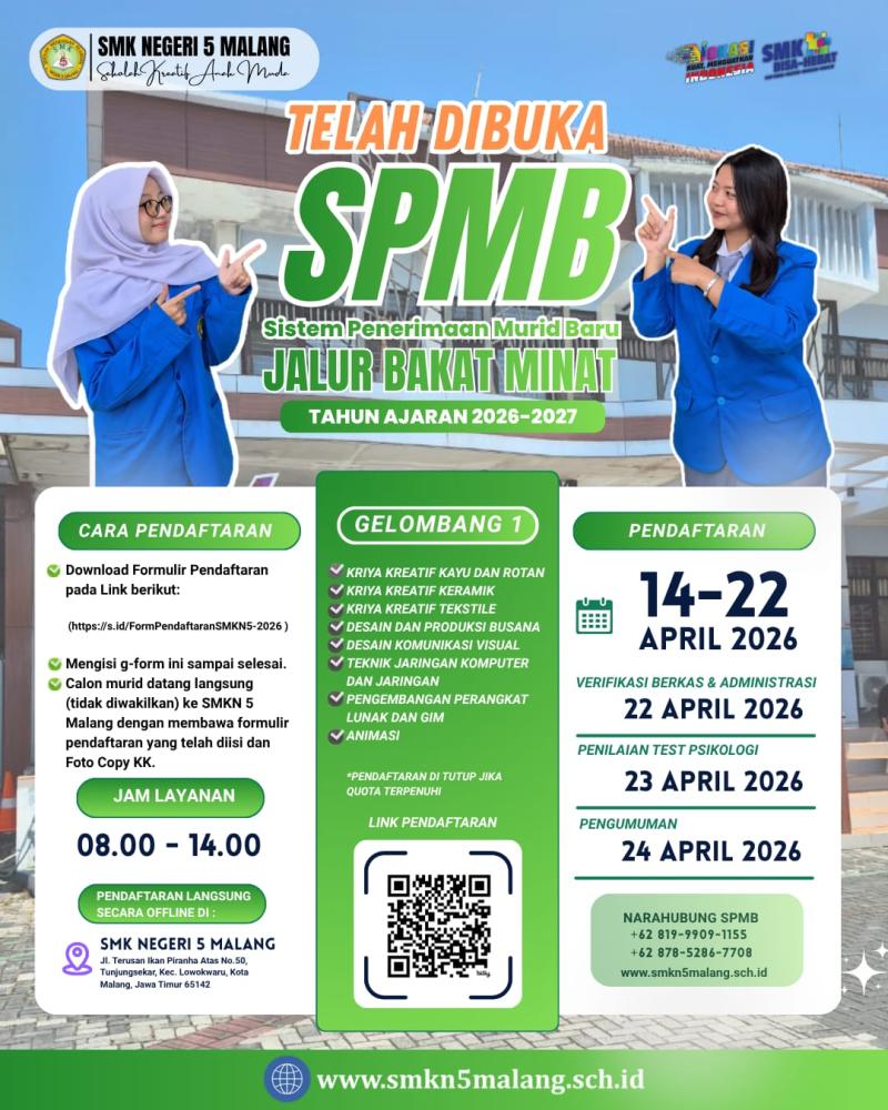 TELAH DIBUKA SPMB SMK NEGERI 5 MALANG