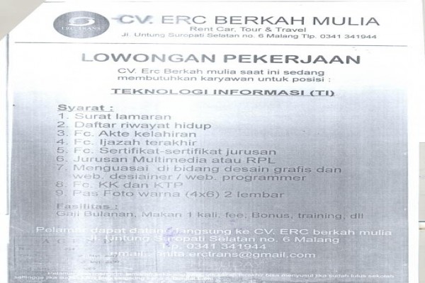 LOWONGAN TI CV. ERC BERKAH MULIA