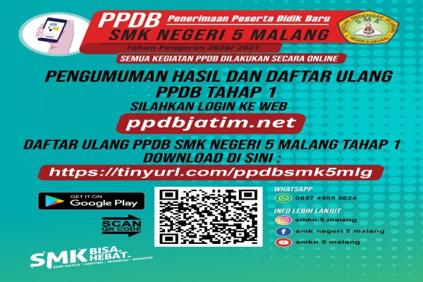 INFORMASI PESERTA DIDIK DITERIMA PPDB SMK NEGERI 5 MALANG TAHAP 1