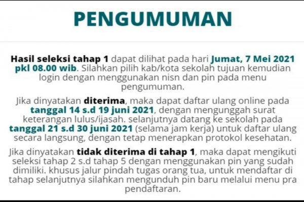 Pengumuman Penerimaan PPDB Tahap 1